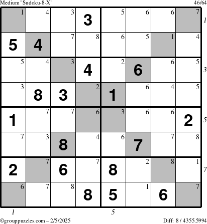 The grouppuzzles.com Medium Sudoku-8-X puzzle for Wednesday February 5, 2025, suitable for printing, with all 8 steps marked