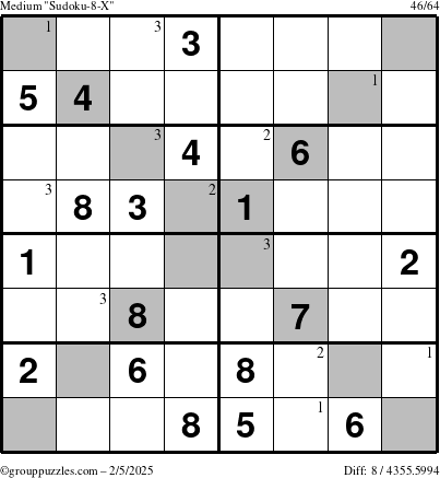 The grouppuzzles.com Medium Sudoku-8-X puzzle for Wednesday February 5, 2025 with the first 3 steps marked