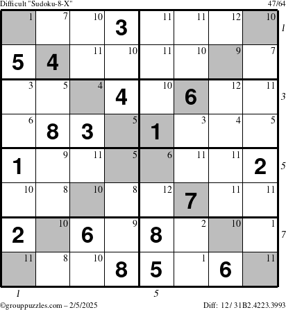 The grouppuzzles.com Difficult Sudoku-8-X puzzle for Wednesday February 5, 2025 with all 12 steps marked