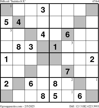 The grouppuzzles.com Difficult Sudoku-8-X puzzle for Wednesday February 5, 2025 with the first 3 steps marked