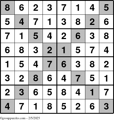 The grouppuzzles.com Answer grid for the Sudoku-8-X puzzle for Wednesday February 5, 2025