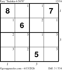 The grouppuzzles.com Easy Sudoku-4-5678 puzzle for Monday June 15, 2026 with all 3 steps marked