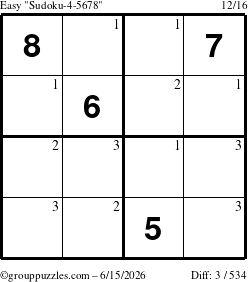 The grouppuzzles.com Easy Sudoku-4-5678 puzzle for Monday June 15, 2026 with the first 3 steps marked