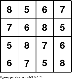 The grouppuzzles.com Answer grid for the Sudoku-4-5678 puzzle for Monday June 15, 2026