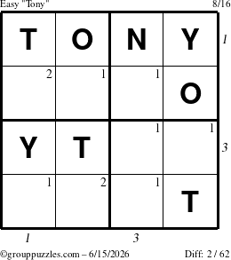 The grouppuzzles.com Easy Tony puzzle for Monday June 15, 2026 with all 2 steps marked