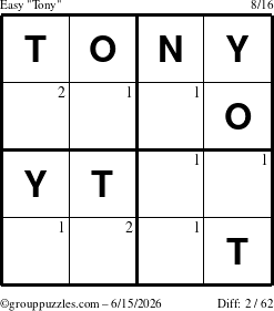 The grouppuzzles.com Easy Tony puzzle for Monday June 15, 2026 with the first 2 steps marked