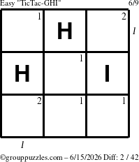 The grouppuzzles.com Easy TicTac-GHI puzzle for Monday June 15, 2026 with all 2 steps marked