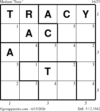 The grouppuzzles.com Medium Tracy puzzle for Monday June 15, 2026, suitable for printing, with all 5 steps marked