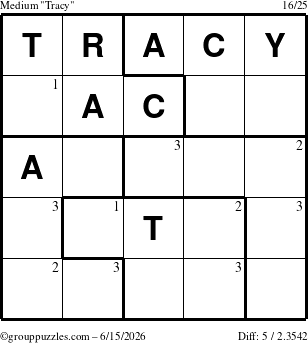 The grouppuzzles.com Medium Tracy puzzle for Monday June 15, 2026 with the first 3 steps marked