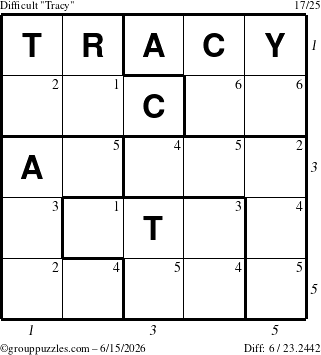The grouppuzzles.com Difficult Tracy puzzle for Monday June 15, 2026, suitable for printing, with all 6 steps marked