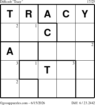The grouppuzzles.com Difficult Tracy puzzle for Monday June 15, 2026 with the first 3 steps marked