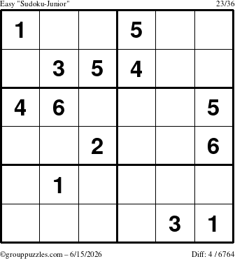 The grouppuzzles.com Easy Sudoku-Junior puzzle for Monday June 15, 2026
