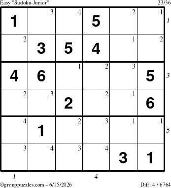 The grouppuzzles.com Easy Sudoku-Junior puzzle for Monday June 15, 2026 with all 4 steps marked