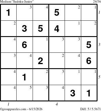 The grouppuzzles.com Medium Sudoku-Junior puzzle for Monday June 15, 2026 with all 5 steps marked
