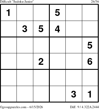 The grouppuzzles.com Difficult Sudoku-Junior puzzle for Monday June 15, 2026