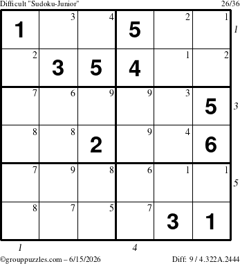 The grouppuzzles.com Difficult Sudoku-Junior puzzle for Monday June 15, 2026 with all 9 steps marked