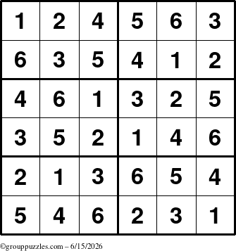 The grouppuzzles.com Answer grid for the Sudoku-Junior puzzle for Monday June 15, 2026