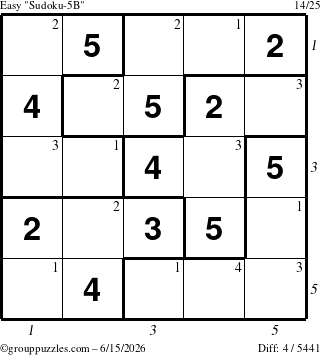 The grouppuzzles.com Easy Sudoku-5B puzzle for Monday June 15, 2026 with all 4 steps marked