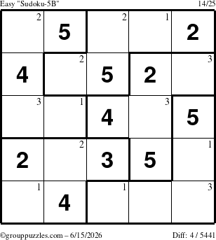 The grouppuzzles.com Easy Sudoku-5B puzzle for Monday June 15, 2026 with the first 3 steps marked