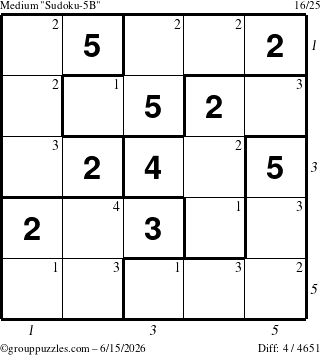 The grouppuzzles.com Medium Sudoku-5B puzzle for Monday June 15, 2026 with all 4 steps marked
