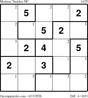 The grouppuzzles.com Medium Sudoku-5B puzzle for Monday June 15, 2026 with the first 3 steps marked
