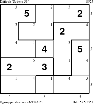 The grouppuzzles.com Difficult Sudoku-5B puzzle for Monday June 15, 2026, suitable for printing, with all 5 steps marked