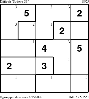 The grouppuzzles.com Difficult Sudoku-5B puzzle for Monday June 15, 2026 with the first 3 steps marked