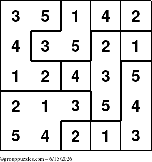 The grouppuzzles.com Answer grid for the Sudoku-5B puzzle for Monday June 15, 2026