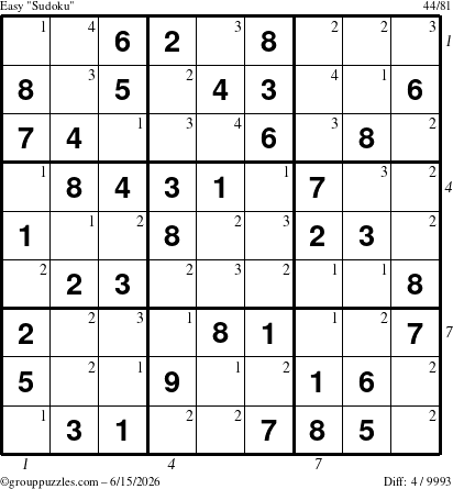 The grouppuzzles.com Easy Sudoku puzzle for Monday June 15, 2026, suitable for printing, with all 4 steps marked