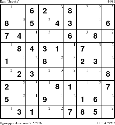 The grouppuzzles.com Easy Sudoku puzzle for Monday June 15, 2026 with the first 3 steps marked
