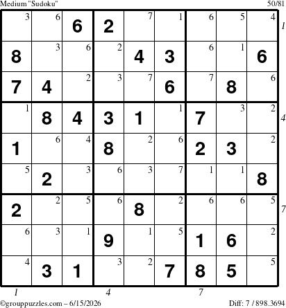 The grouppuzzles.com Medium Sudoku puzzle for Monday June 15, 2026 with all 7 steps marked