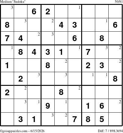 The grouppuzzles.com Medium Sudoku puzzle for Monday June 15, 2026 with the first 3 steps marked