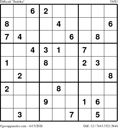 The grouppuzzles.com Difficult Sudoku puzzle for Monday June 15, 2026