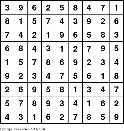 The grouppuzzles.com Answer grid for the Sudoku puzzle for Monday June 15, 2026