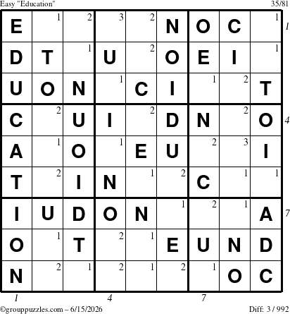 The grouppuzzles.com Easy Education-c1 puzzle for Monday June 15, 2026, suitable for printing, with all 3 steps marked