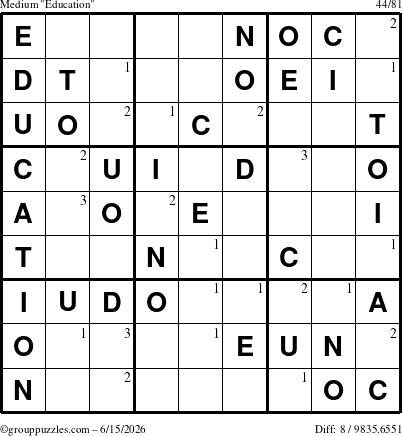 The grouppuzzles.com Medium Education-c1 puzzle for Monday June 15, 2026 with the first 3 steps marked
