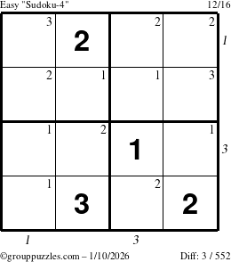 The grouppuzzles.com Easy Sudoku-4 puzzle for Saturday January 10, 2026, suitable for printing, with all 3 steps marked