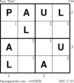 The grouppuzzles.com Easy Paul puzzle for Saturday January 10, 2026 with all 2 steps marked