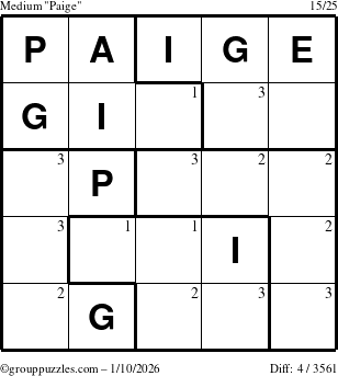 The grouppuzzles.com Medium Paige puzzle for Saturday January 10, 2026 with the first 3 steps marked