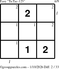 The grouppuzzles.com Easy TicTac-123 puzzle for Saturday January 10, 2026, suitable for printing, with all 2 steps marked
