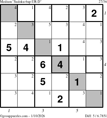 The grouppuzzles.com Medium Sudoku-6up-UR-D puzzle for Saturday January 10, 2026, suitable for printing, with all 5 steps marked