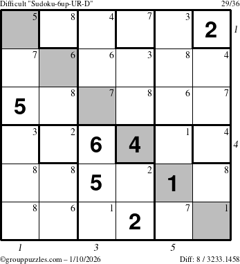 The grouppuzzles.com Difficult Sudoku-6up-UR-D puzzle for Saturday January 10, 2026, suitable for printing, with all 8 steps marked
