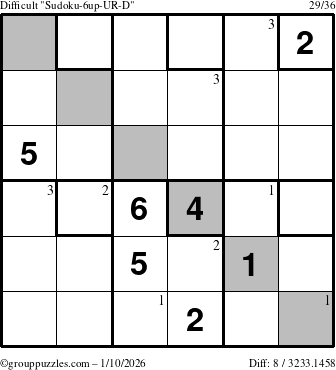 The grouppuzzles.com Difficult Sudoku-6up-UR-D puzzle for Saturday January 10, 2026 with the first 3 steps marked