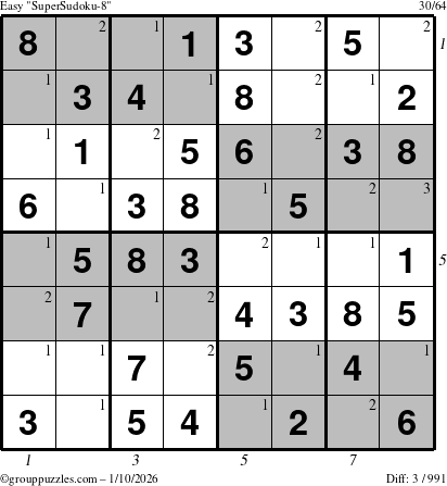 The grouppuzzles.com Easy SuperSudoku-8 puzzle for Saturday January 10, 2026 with all 3 steps marked