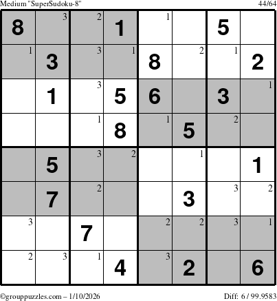 The grouppuzzles.com Medium SuperSudoku-8 puzzle for Saturday January 10, 2026 with the first 3 steps marked