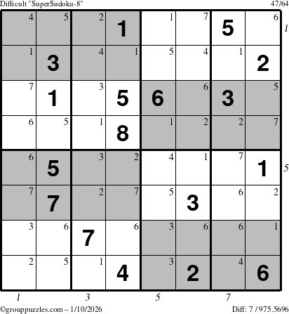 The grouppuzzles.com Difficult SuperSudoku-8 puzzle for Saturday January 10, 2026, suitable for printing, with all 7 steps marked