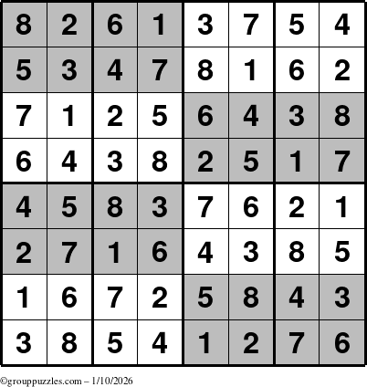 The grouppuzzles.com Answer grid for the SuperSudoku-8 puzzle for Saturday January 10, 2026