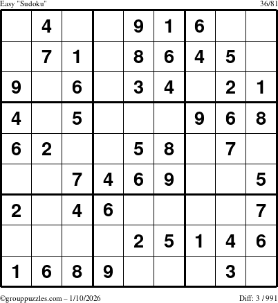 The grouppuzzles.com Easy Sudoku puzzle for Saturday January 10, 2026