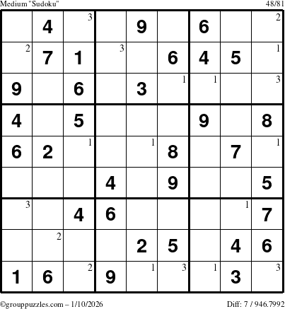 The grouppuzzles.com Medium Sudoku puzzle for Saturday January 10, 2026 with the first 3 steps marked
