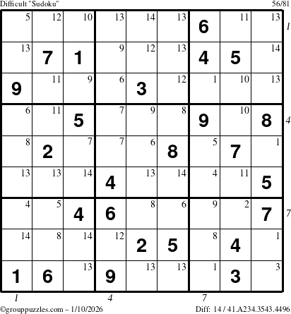 The grouppuzzles.com Difficult Sudoku puzzle for Saturday January 10, 2026 with all 14 steps marked